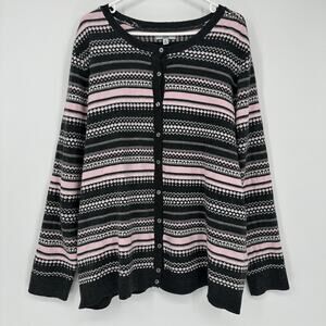 Croft & Barrow Cardigan Sweater Womens 2X Black Pink Fair Isle Knit Button Front